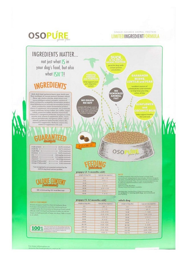ARTEMIS Grain Free Dry Dog Food - OSOPURE Limited Ingredient Diet Duck Garbanzo Bean Formula Protein Health Nutrition All Life Stages 10lb, Bag - Image 3