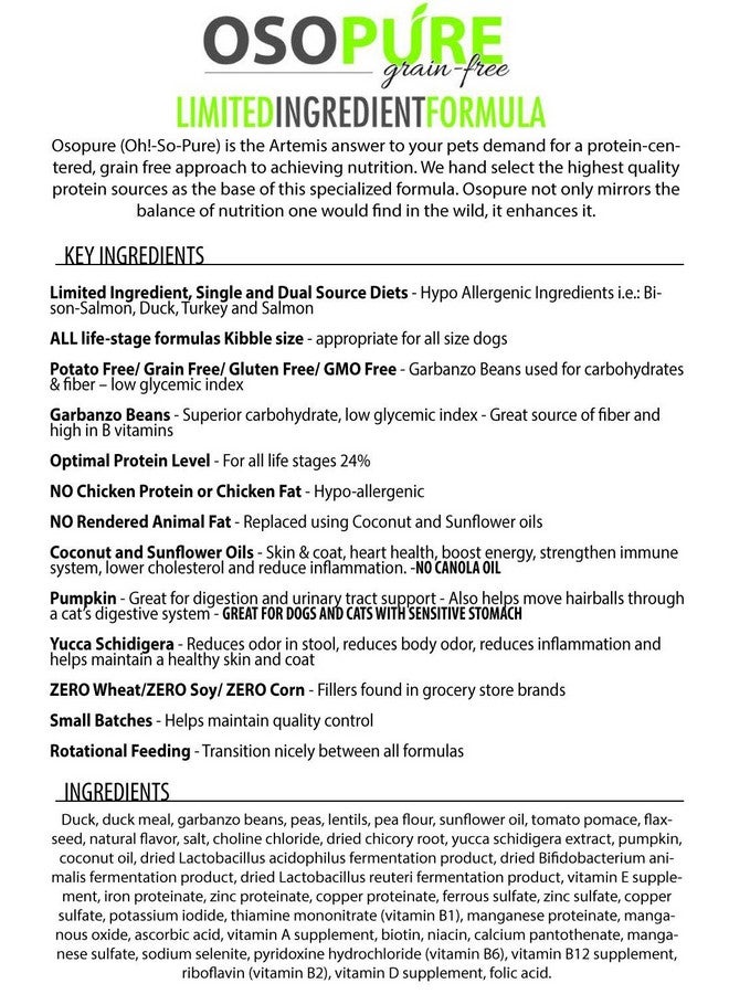 ARTEMIS Grain Free Dry Dog Food - OSOPURE Limited Ingredient Diet Duck Garbanzo Bean Formula Protein Health Nutrition All Life Stages 10lb, Bag - Image 4