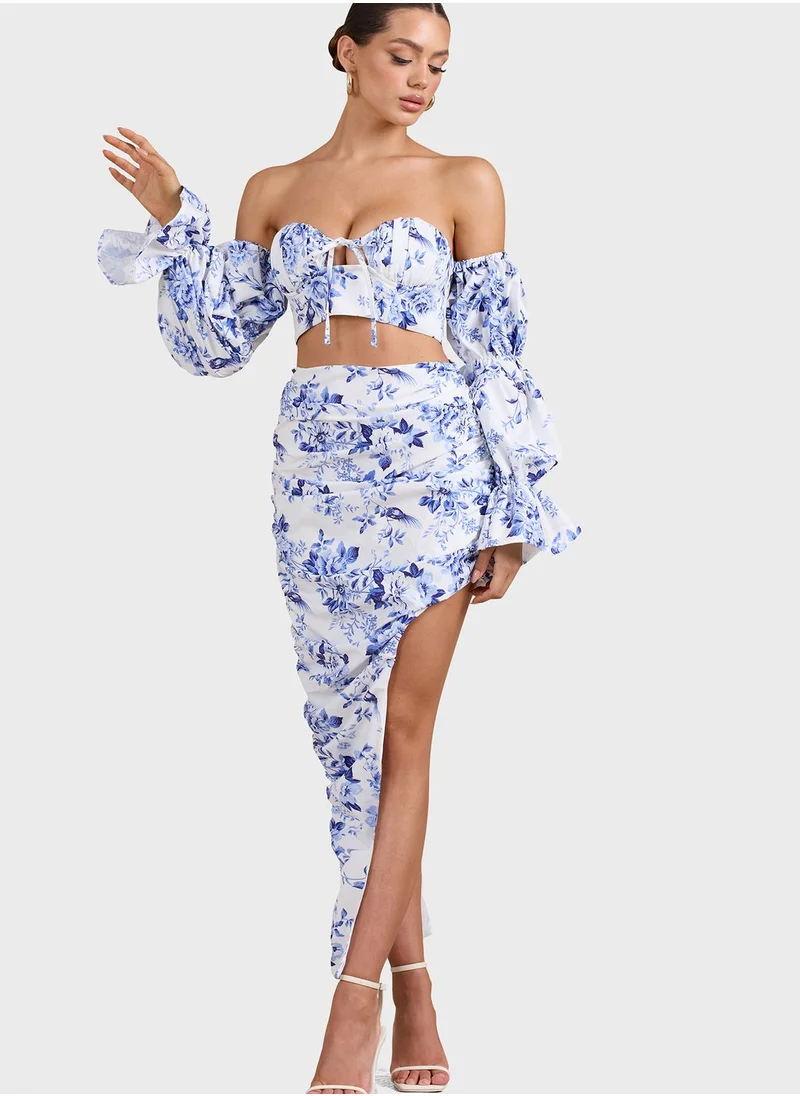 Club L London Puff Sleeve Bardot Floral Printed Crop Top