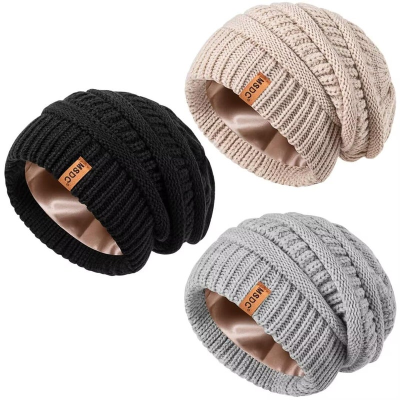 MSDC 3 Pack Satin Lined Beanie for Women, Warm Slouchy Winter Hats with Silk Lined, Fashionable Oversized Cable Knit Hat Skull Cap-01 - Image 1