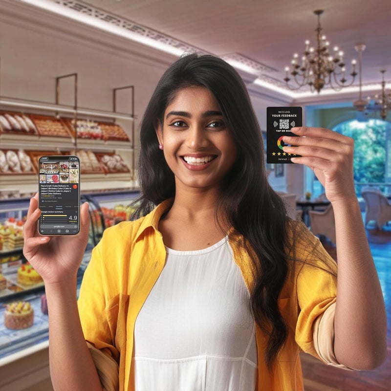 REVUZ بطاقة مراجعة سوداء - مزودة بشريحة NFC ورمز QR، تفعيل فوري مع رابط صفحة عملك، انقر أو امسح للوصول، حجم قياسي (86x54 مم) (2) - Image 4