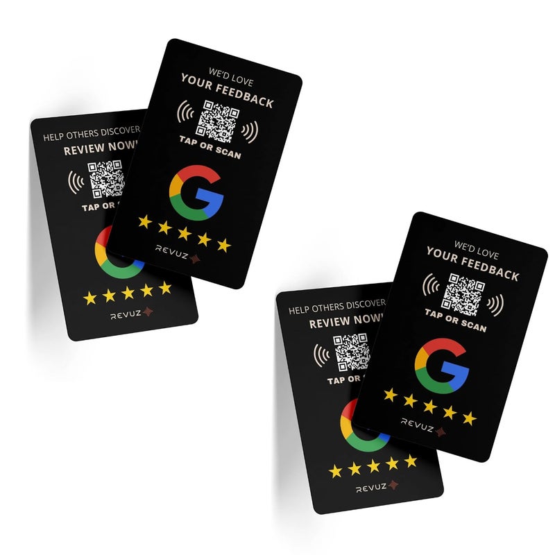 REVUZ بطاقة مراجعة سوداء - مزودة بشريحة NFC ورمز QR، تفعيل فوري مع رابط صفحة عملك، انقر أو امسح للوصول، حجم قياسي (86x54 مم) (2) - Image 1