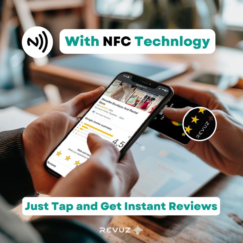 REVUZ بطاقة مراجعة سوداء - مزودة بشريحة NFC ورمز QR، تفعيل فوري مع رابط صفحة عملك، انقر أو امسح للوصول، حجم قياسي (86x54 مم) (2) - Image 2