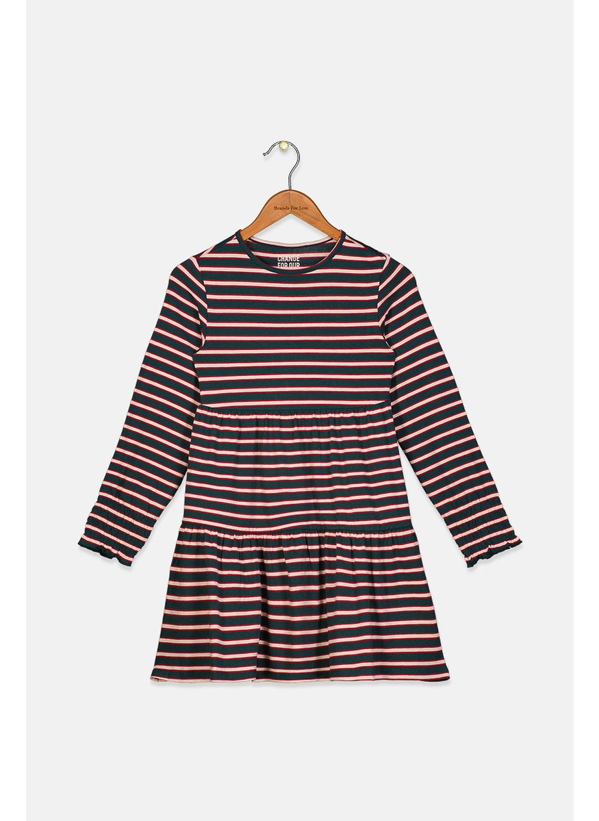 Tchibo Kid Girls Stripe Long Sleeve Dress, Green Combo  - Image 1