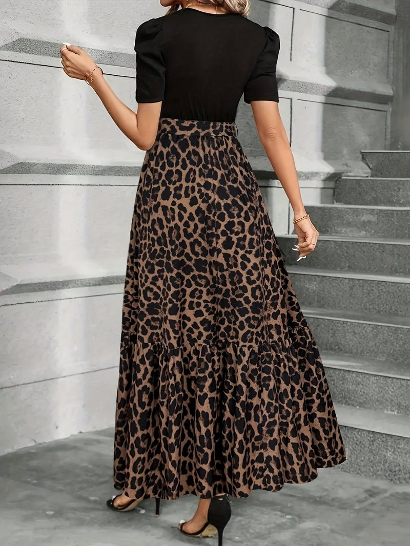 Elegant Floral A-Line Long Dress for Women, Short-Sleeved Summer Vacation Outfit - Image 3