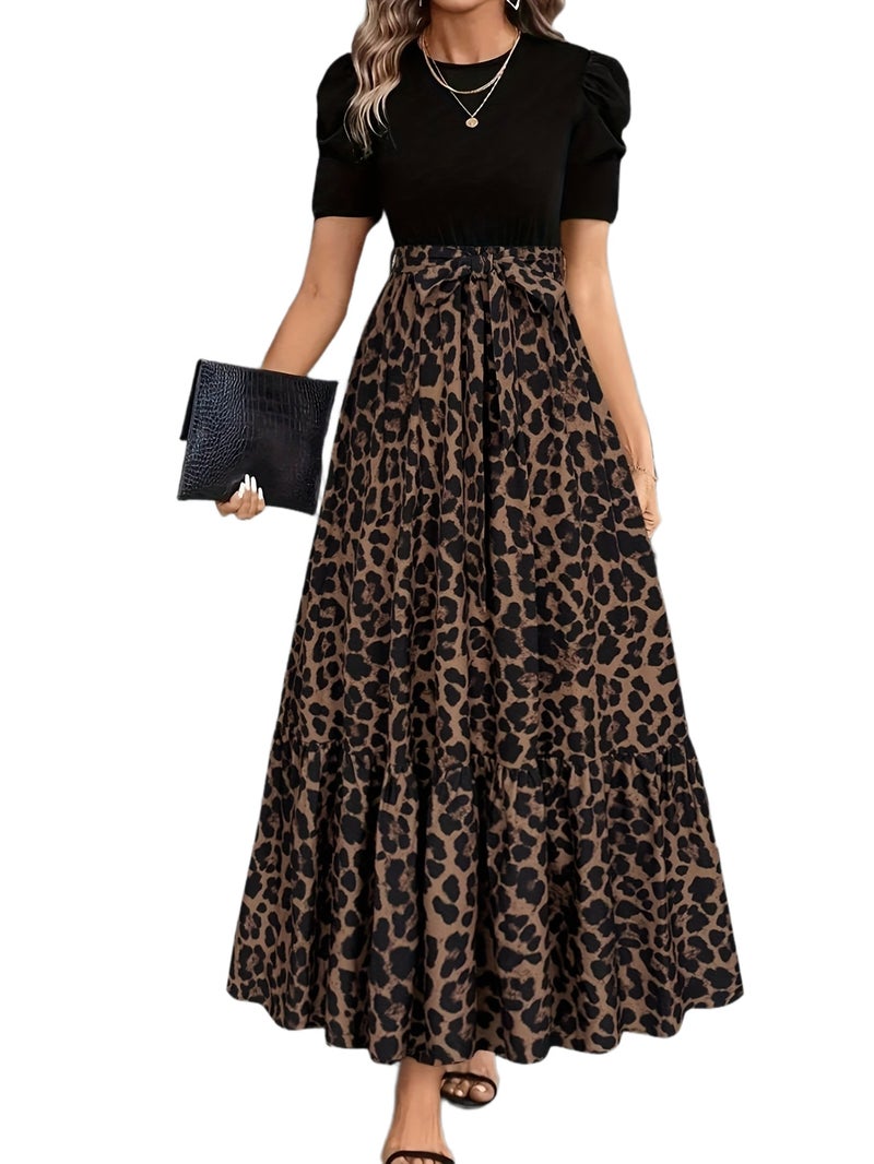 Elegant Floral A-Line Long Dress for Women, Short-Sleeved Summer Vacation Outfit - Image 1