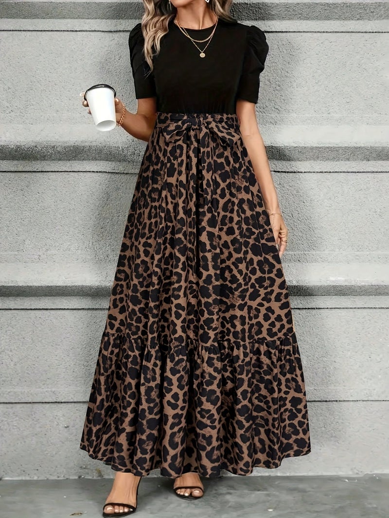 Elegant Floral A-Line Long Dress for Women, Short-Sleeved Summer Vacation Outfit - Image 2