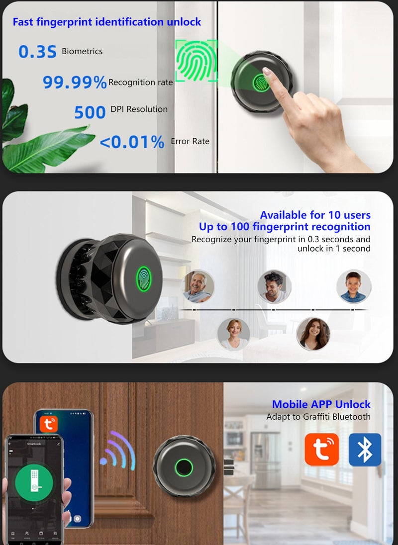 شاربدو قفل كروي للباب الخشبي الداخلي، قفل ذكي ببصمة الإصبع، فتح ببصمة الإصبع/التطبيق/المفتاح، واجهة USB - Image 4