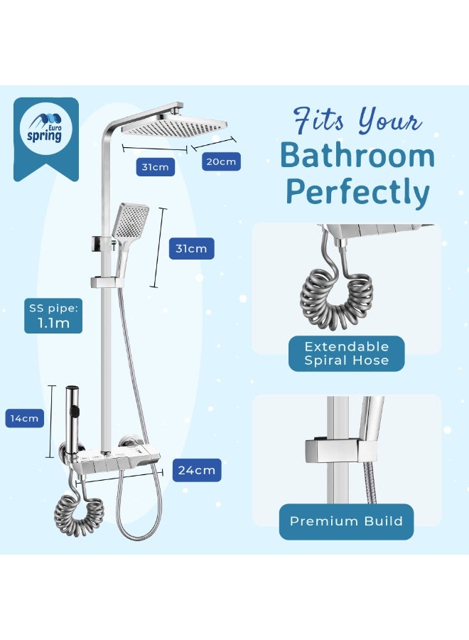 Euro Spring Luxury Piano Key Shower System - 4-Function Bathroom Rain Mixer Set with 10" Square Rainfall Head, Handheld Shower, Tub Spout & High-Pressure Bidet Sprayer - Adjustable Height (Chrome) - Image 4