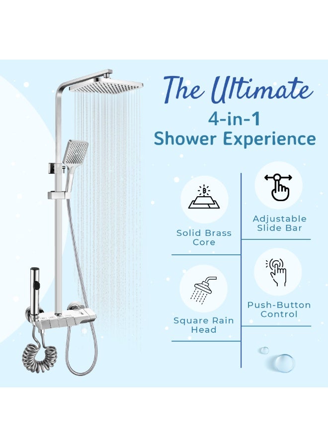 Euro Spring Luxury Piano Key Shower System - 4-Function Bathroom Rain Mixer Set with 10" Square Rainfall Head, Handheld Shower, Tub Spout & High-Pressure Bidet Sprayer - Adjustable Height (Chrome) - Image 2