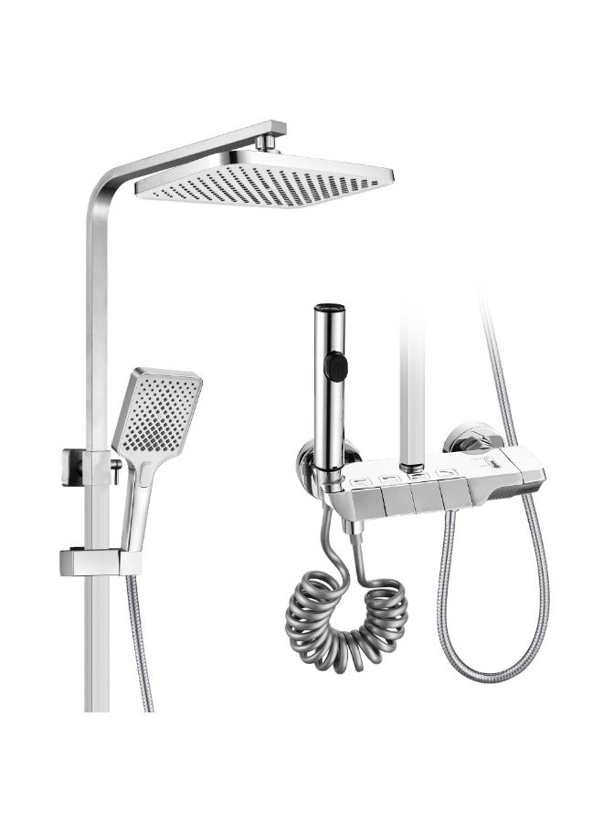 Euro Spring Luxury Piano Key Shower System - 4-Function Bathroom Rain Mixer Set with 10" Square Rainfall Head, Handheld Shower, Tub Spout & High-Pressure Bidet Sprayer - Adjustable Height (Chrome) - Image 1