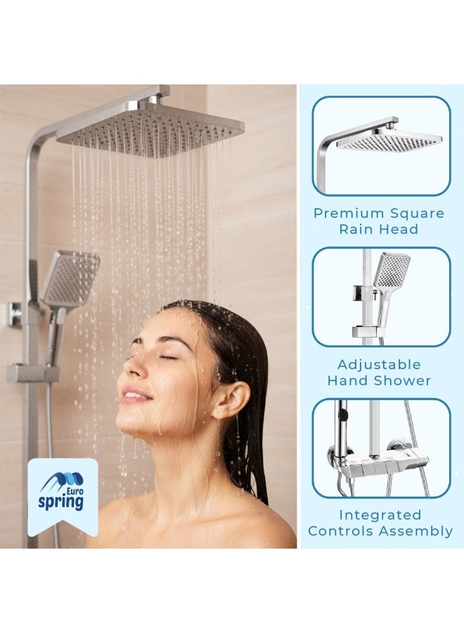 Euro Spring Luxury Piano Key Shower System - 4-Function Bathroom Rain Mixer Set with 10" Square Rainfall Head, Handheld Shower, Tub Spout & High-Pressure Bidet Sprayer - Adjustable Height (Chrome) - Image 3