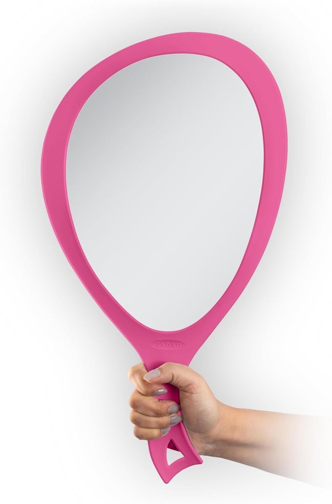 SALON PROFESSIONAL EXTRA LARGE HAND MIRROR WITH HANDLE, 10" W X 19" L, MULTI-PURPOSE OVAL HANDHELD MIRROR WITH NEW DISTORTION-FREE REFLECTION (1, BRIGHT PINK, LARGE (PACK OF 1))
