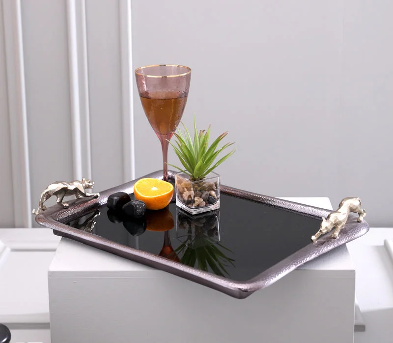 يسكن Dwell-Faceted Panther Hammered Decorative Tray-48X33X8CM-Grey