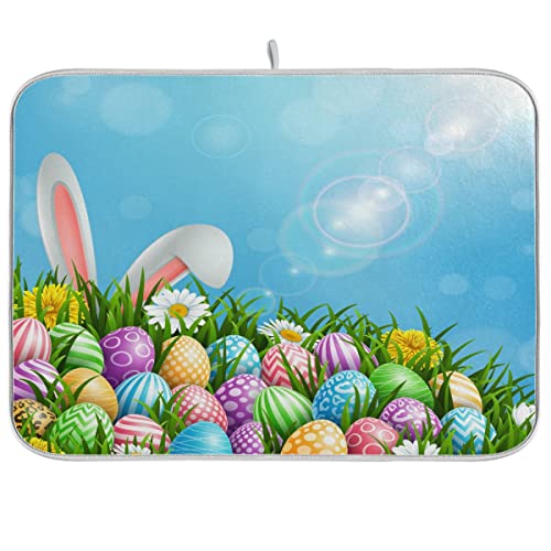Bolaz Easter Colorful Eggs Rabbit Dish Drying Mat 18x24 Absorbent Dishes Pad Dish Drainer Mat Protector for Kitchen Fast Dry - Image 1