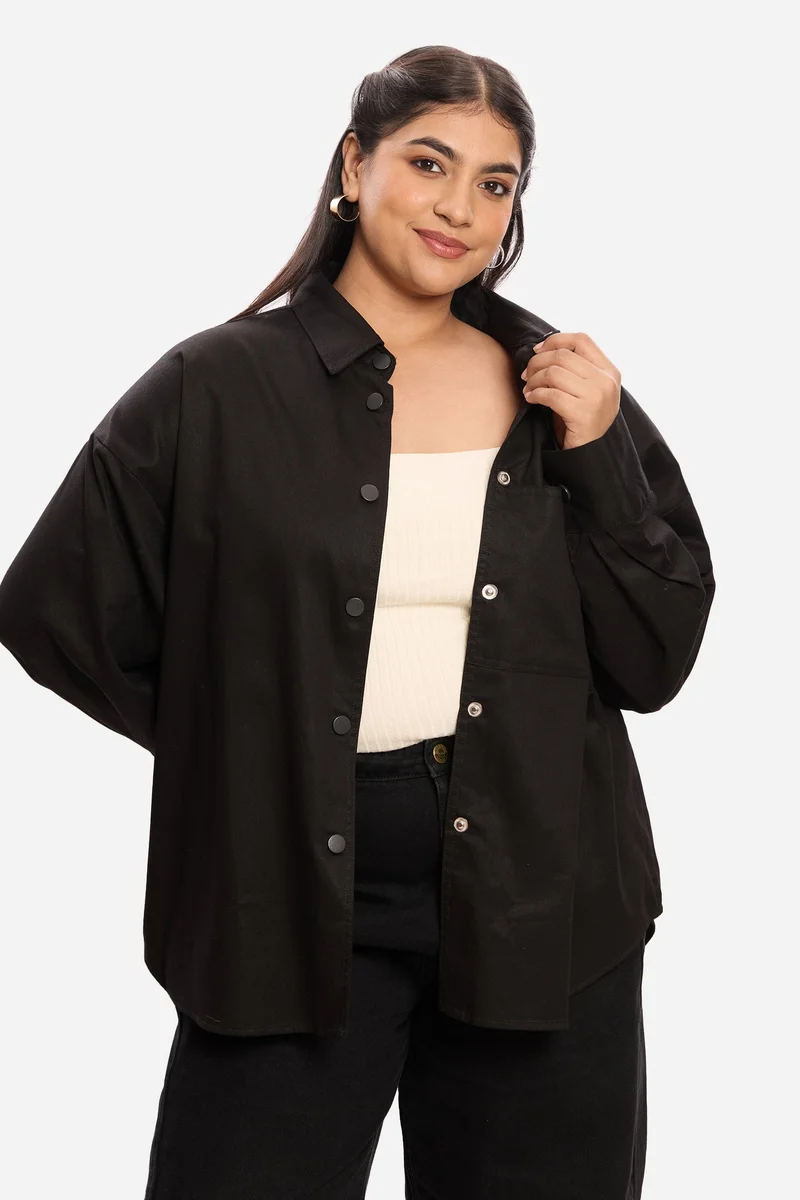 Virgio Solid Cotton Washed Utility Plus Size Shirt for Women