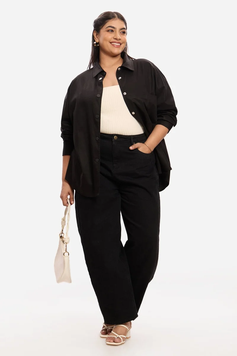 فيرجيو Solid Cotton Washed Utility Plus Size Shirt for Women