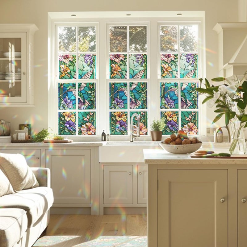 PODMemory Decorative Hummingbird Stained Glass Window Film, Hummingbird Stained Glass Window Film for Bathroom Shower Door Heat Anti UV - Image 2