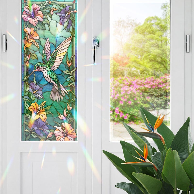 PODMemory Decorative Hummingbird Stained Glass Window Film, Hummingbird Stained Glass Window Film for Bathroom Shower Door Heat Anti UV - Image 1