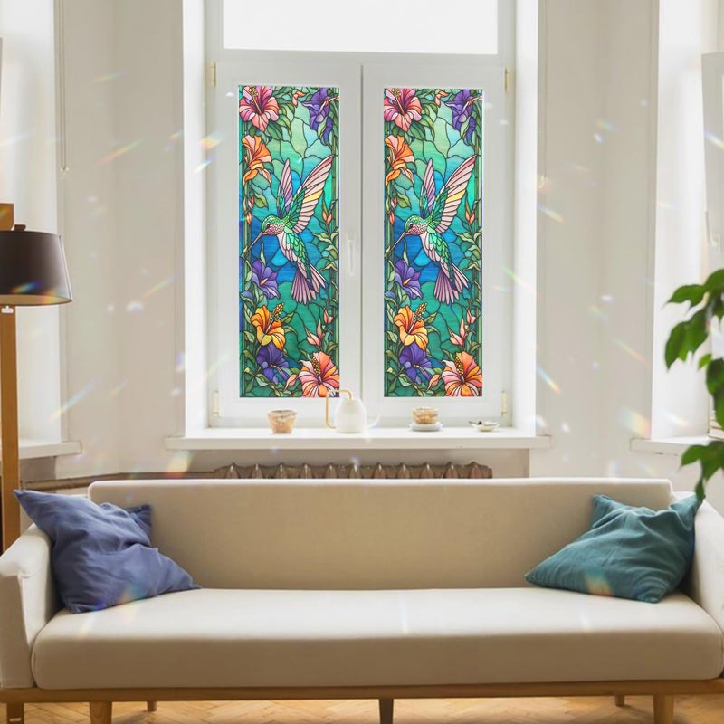 PODMemory Decorative Hummingbird Stained Glass Window Film, Hummingbird Stained Glass Window Film for Bathroom Shower Door Heat Anti UV - Image 3