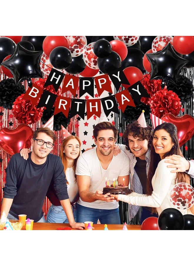 زيروديكو - ديكورات حفلات عيد الميلاد باللونين الأحمر والأسود، لافتة عيد ميلاد سعيد، كرات زينة، قوس بالونات باللونين الأحمر والأسود، ستارة هامشية، ديكور حفلات للفتيات الصغيرات والنساء، حفلات عيد ميلاد باللونين الأسود والأحمر - Image 1