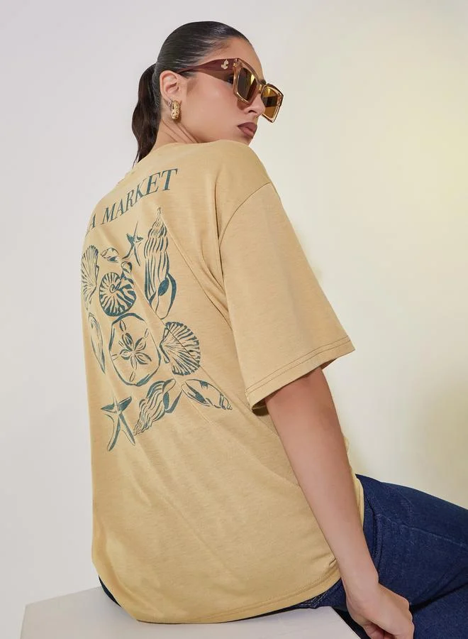 Take Two Shell Graphic Print Oversized T-Shirt with Dropped Shoulder