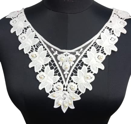 ANI ACCESSORIES Ani Accessories Elegant White Flower Embroidered Patches Net Lace Neckline Dyeable Sewing Neck Applique with Pearl SewOn Patch Neck Applique Dress Motif Applique DIY  - Image 1