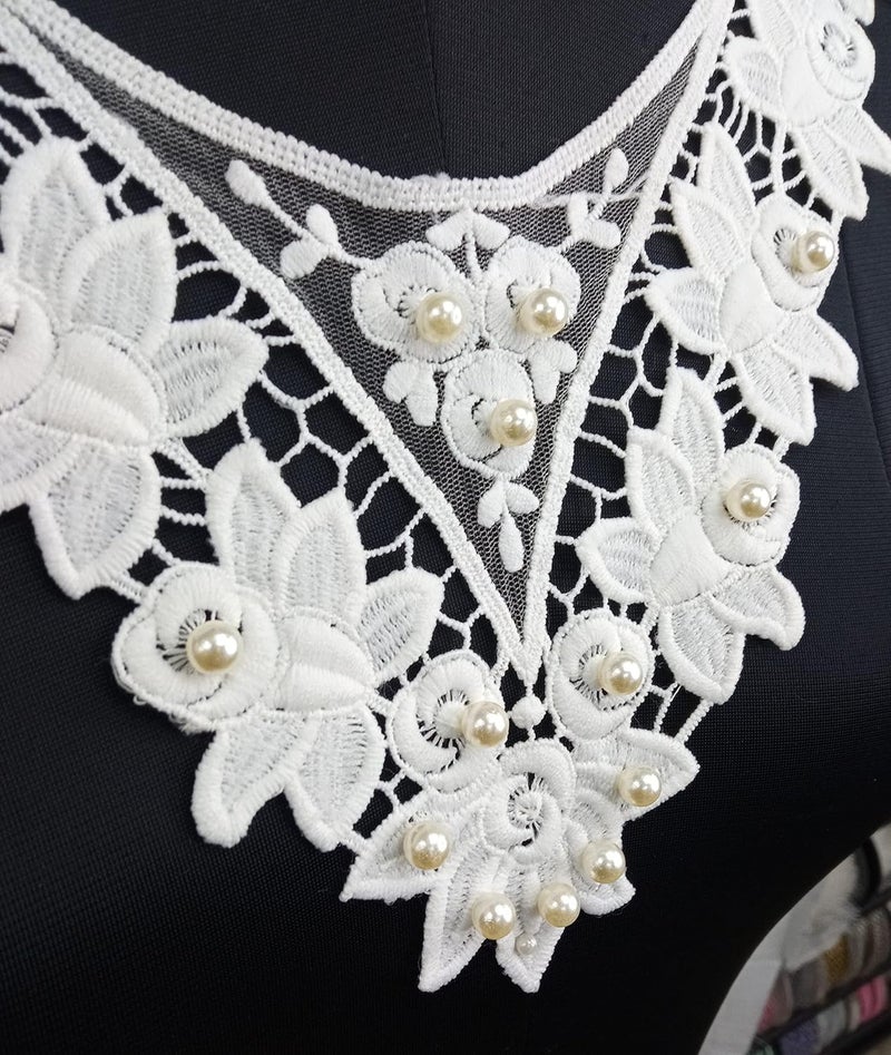 ANI ACCESSORIES Ani Accessories Elegant White Flower Embroidered Patches Net Lace Neckline Dyeable Sewing Neck Applique with Pearl SewOn Patch Neck Applique Dress Motif Applique DIY  - Image 2