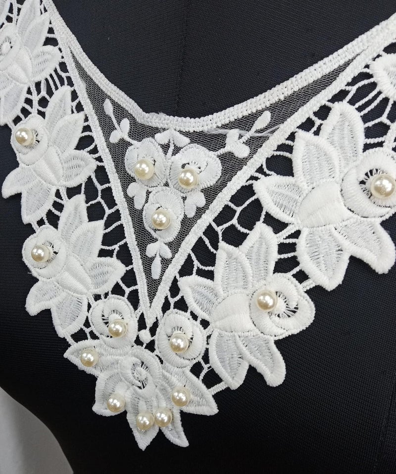 ANI ACCESSORIES Ani Accessories Elegant White Flower Embroidered Patches Net Lace Neckline Dyeable Sewing Neck Applique with Pearl SewOn Patch Neck Applique Dress Motif Applique DIY  - Image 3