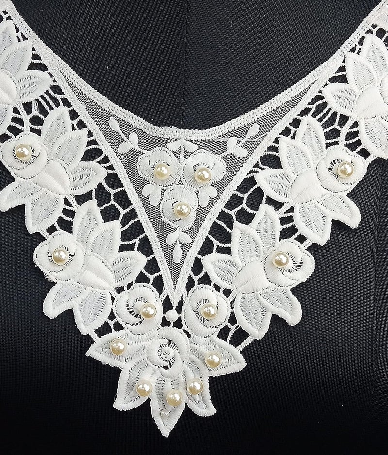 ANI ACCESSORIES Ani Accessories Elegant White Flower Embroidered Patches Net Lace Neckline Dyeable Sewing Neck Applique with Pearl SewOn Patch Neck Applique Dress Motif Applique DIY  - Image 4