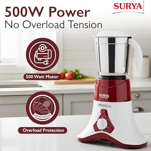 SURYA ROSHNI Pulse Plus 500W Mixer Grinder with 3 Stainless Steel Jars, Powerful Motor, 3-Speed Control, Ideal for Wet & Dry Grinding, Chutney, Spices and Smoothies - Image 3
