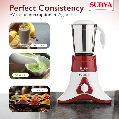 SURYA ROSHNI Pulse Plus 500W Mixer Grinder with 3 Stainless Steel Jars, Powerful Motor, 3-Speed Control, Ideal for Wet & Dry Grinding, Chutney, Spices and Smoothies - Image 4