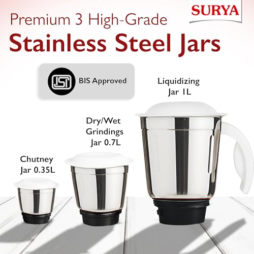 SURYA ROSHNI Pulse Plus 500W Mixer Grinder with 3 Stainless Steel Jars, Powerful Motor, 3-Speed Control, Ideal for Wet & Dry Grinding, Chutney, Spices and Smoothies - Image 5