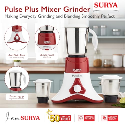 SURYA ROSHNI Pulse Plus 500W Mixer Grinder with 3 Stainless Steel Jars, Powerful Motor, 3-Speed Control, Ideal for Wet & Dry Grinding, Chutney, Spices and Smoothies - Image 2