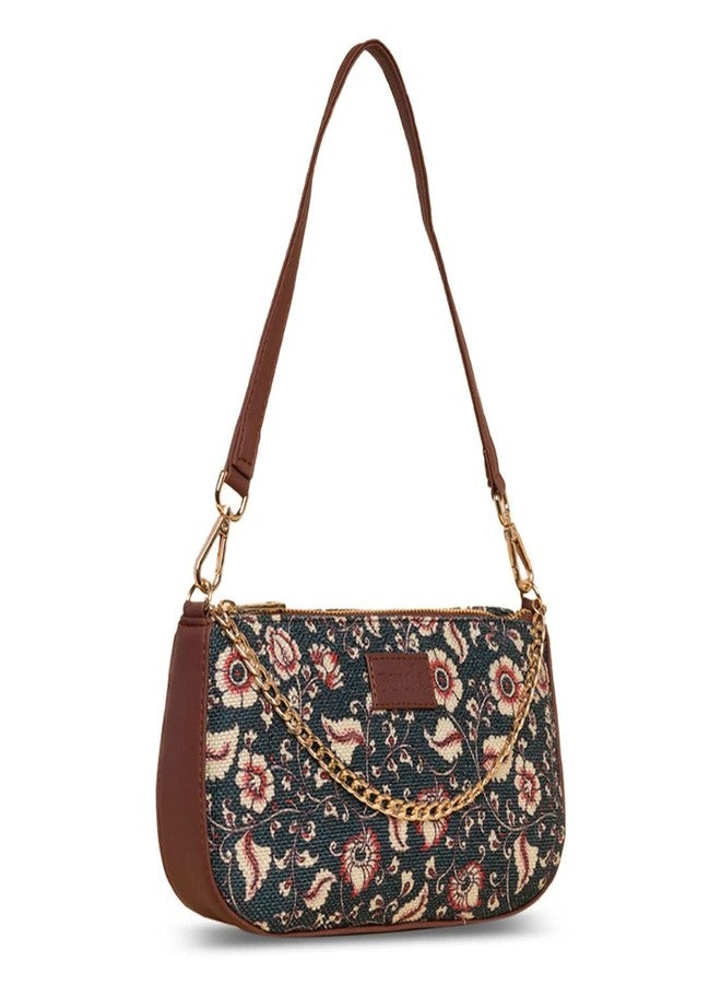 ZOUK Baguette Bag | Crossbody Bags for Women | Women's Handbags | Stylish Sling Bag for Woman | Vegan Leather Evening Bag | Travel & Office Use | Purse and Wallet | Chittoor Blue Kalamkari Print - Image 3