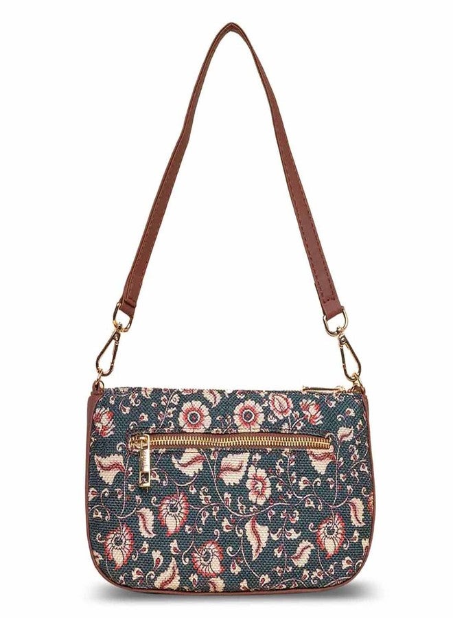 ZOUK Baguette Bag | Crossbody Bags for Women | Women's Handbags | Stylish Sling Bag for Woman | Vegan Leather Evening Bag | Travel & Office Use | Purse and Wallet | Chittoor Blue Kalamkari Print - Image 5