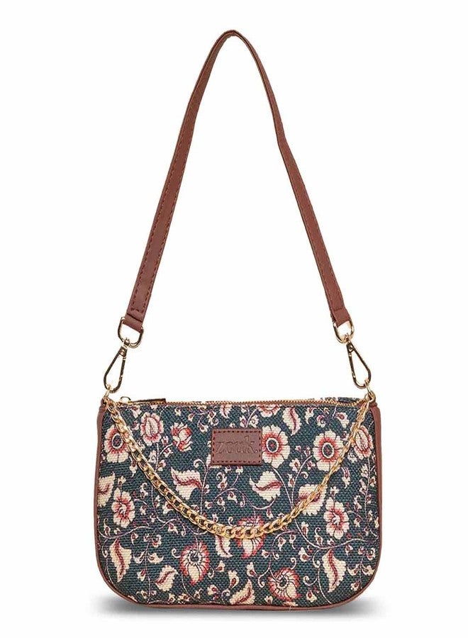 ZOUK Baguette Bag | Crossbody Bags for Women | Women's Handbags | Stylish Sling Bag for Woman | Vegan Leather Evening Bag | Travel & Office Use | Purse and Wallet | Chittoor Blue Kalamkari Print - Image 1