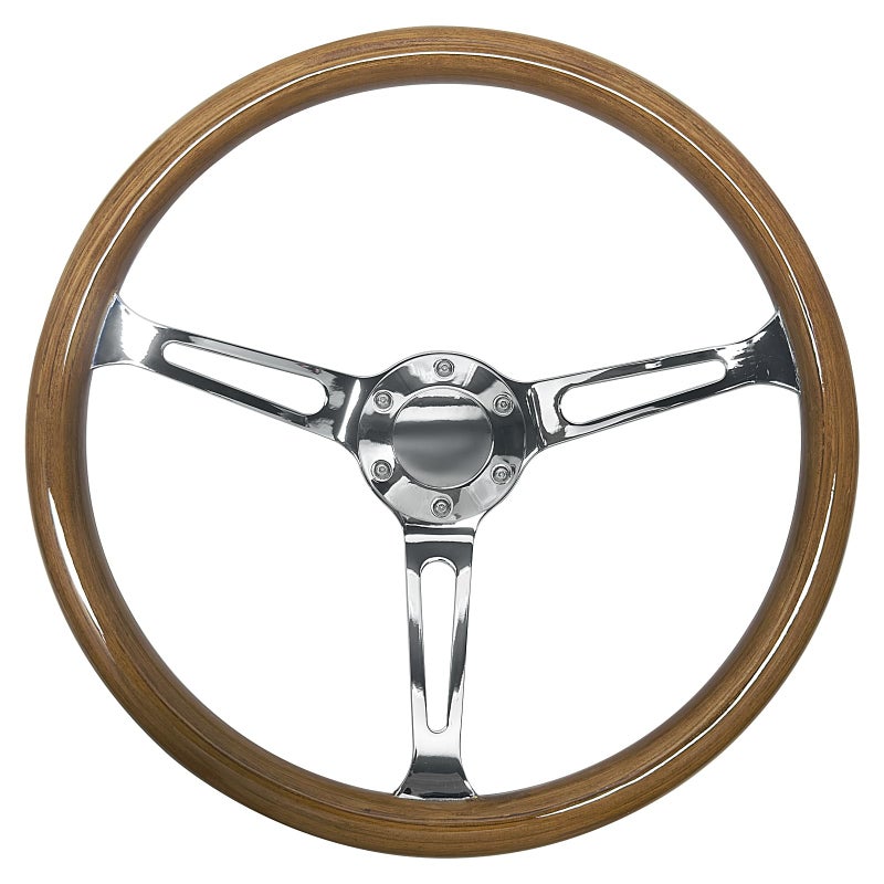 Hiracing 15 inch Wooden Grain Steering Wheel 175 Depth Silver Chromed 3Spoke Classic Wood Steering Wheel 380mm With Horn Button 6 Bolts 022S Brown - Image 2