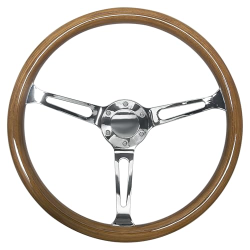 Hiracing 15 inch Wooden Grain Steering Wheel 175 Depth Silver Chromed 3Spoke Classic Wood Steering Wheel 380mm With Horn Button 6 Bolts 022S Brown - Image 1