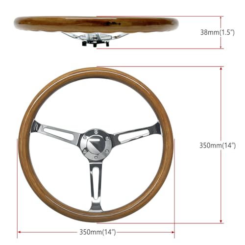 Hiracing 15 inch Wooden Grain Steering Wheel 175 Depth Silver Chromed 3Spoke Classic Wood Steering Wheel 380mm With Horn Button 6 Bolts 022S Brown - Image 3