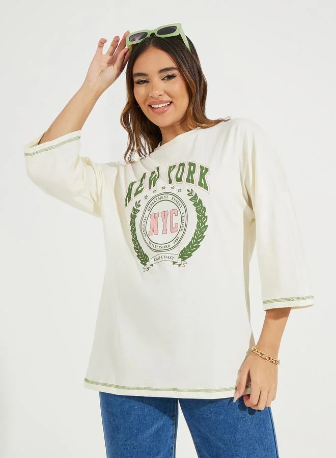 Styli Oversized New York Print T-Shirt with Exaggerated Sleeves