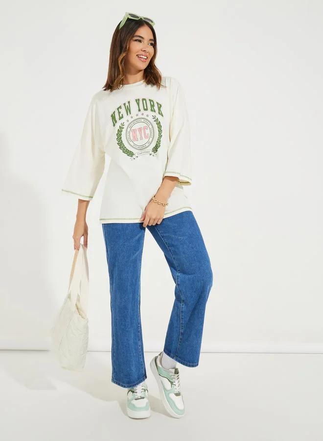 Styli Oversized New York Print T-Shirt with Exaggerated Sleeves