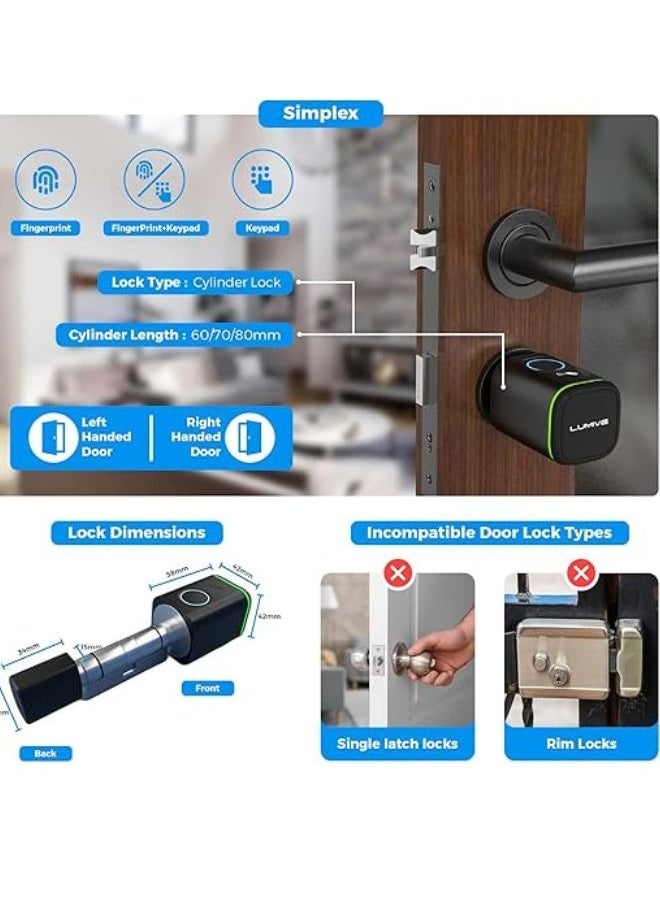 LUMIVE - Lumive Smart Door Lock, Keypad Door Lock, Bluetooth App Unlock,2 Keys,2 RFID Cards,Fixed Cylinder, Black [Battery Included] (70mm Smart Cylinder) - Image 1
