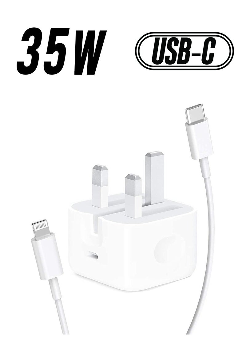 محول طاقة USB-C أصلي بقوة 35 واط – شحن سريع لجهاز iPhone 14/13/12/11 Pro Max، 14 Plus، XS، XR، XS Max، iPad Pro، MacBook – منفذي Type C مزدوجين، شحن سريع PD، شاحن حائط بموصل بريطاني - Image 1