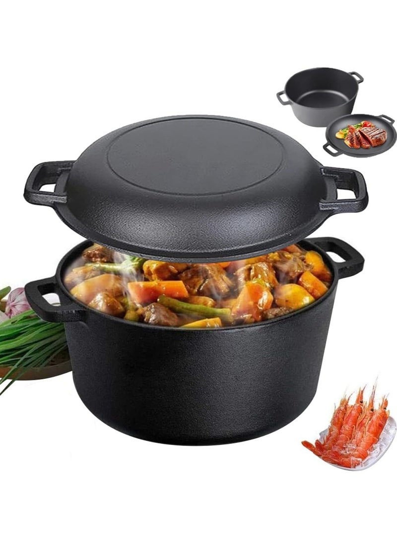 Arabest 2 in 1 Cast Iron Dutch Oven, 4.7L Oven Pot Dual Function Skillet Pan Cast Lid Pre Seasoned for Camping Home Cooking BBQ Baking Picnic Indoor Outdoor Kitchen Tools for All Hobs(Diameter 26cm) - Image 1