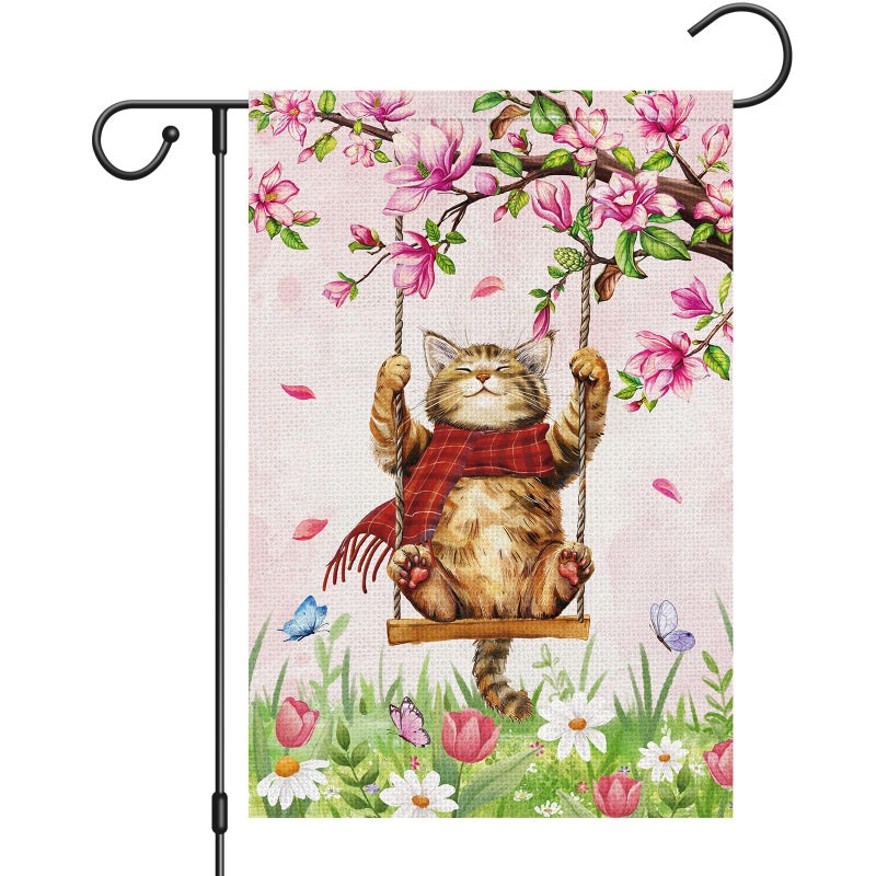 Heyfibro Spring Cute Cat Welcome Garden Flag 12x18 Inch Double Sided Burlap Butterfly Floral Yard Flag for Seasonal Holiday Farmhouse Outdoor Decor(ONLY FLAG) - Image 1
