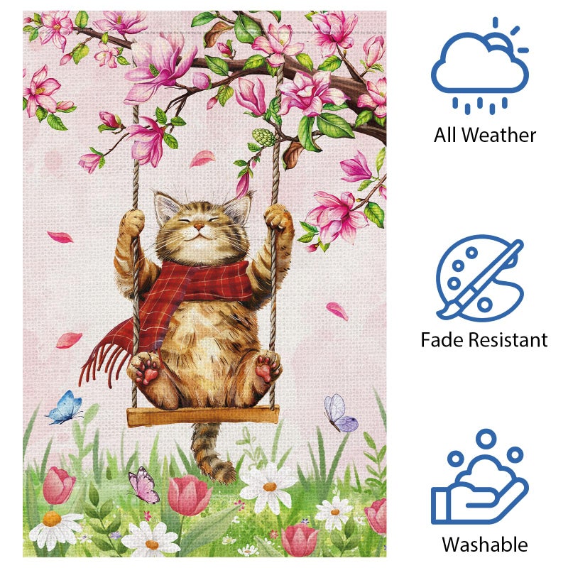 Heyfibro Spring Cute Cat Welcome Garden Flag 12x18 Inch Double Sided Burlap Butterfly Floral Yard Flag for Seasonal Holiday Farmhouse Outdoor Decor(ONLY FLAG) - Image 5
