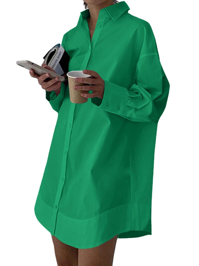 LYANER Women's Casual Shirts Dress Collar V Neck Button Down Loose Long Sleeve Mini Dresses Green X-Large - Image 1