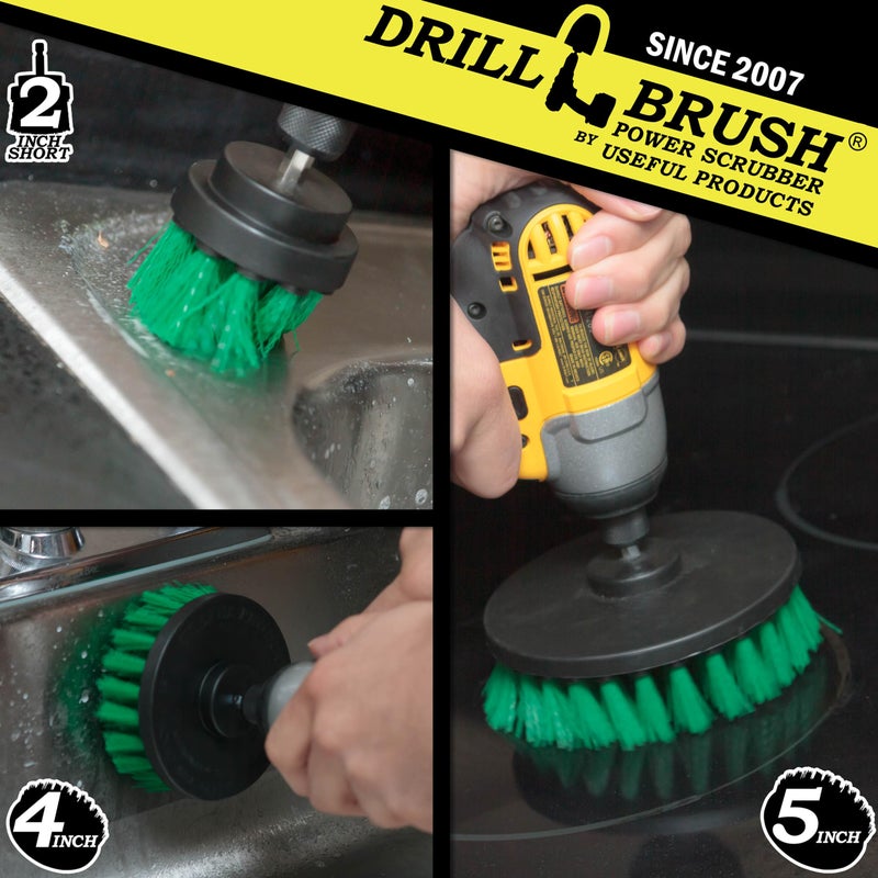 Drillbrush Kitchen Cleaning Supplies Set - Tile Electric Spin Scrubber - Stainless Steel Cleaner for Stove, Sink, and Oven - Household Cleaning Tools - Green Medium Stiffness Nylon Brush - Cast Iron Scrubber - Image 2