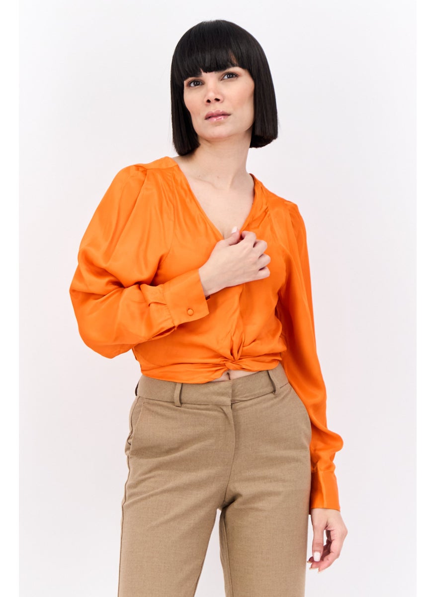 MANGO Women V-Neck Long Sleeves Plain Blouse, Orange  - Image 1